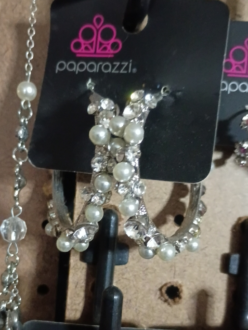paparazzi Pearl & Crystal Embellished Hoop Earrings - Silver